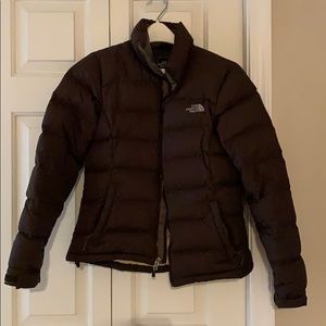 BROWN NORTH FACE PUFFER JACKET W/ YELLOW INSIDE